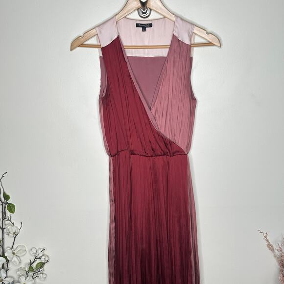 MASSIMO DUTTI Satin Pleated Colorblock Maxi Dress Maroon Red Pink Sz S {3O28} - Picture 2 of 7